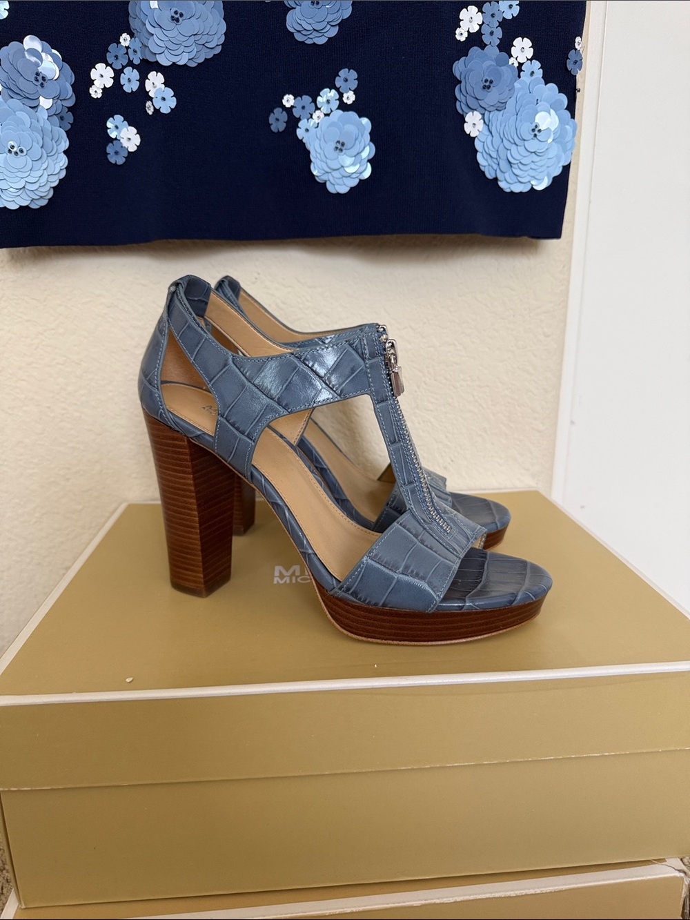 Michael Kors Croc-Embossed Navy T-Strap Block Heel Sandals